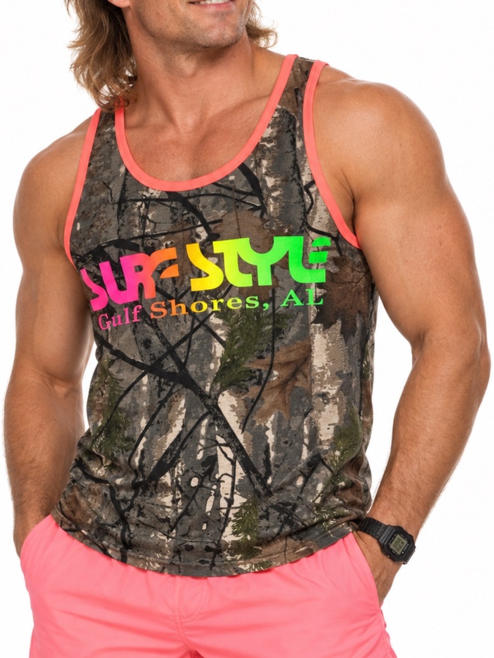 US Vintage XL Surf Style Gulf Shores Camo Neon Muscle Tank Retro Beach